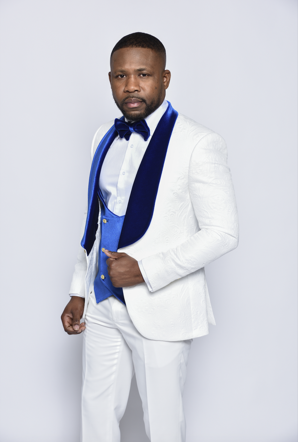 white shirt with royal blue tie